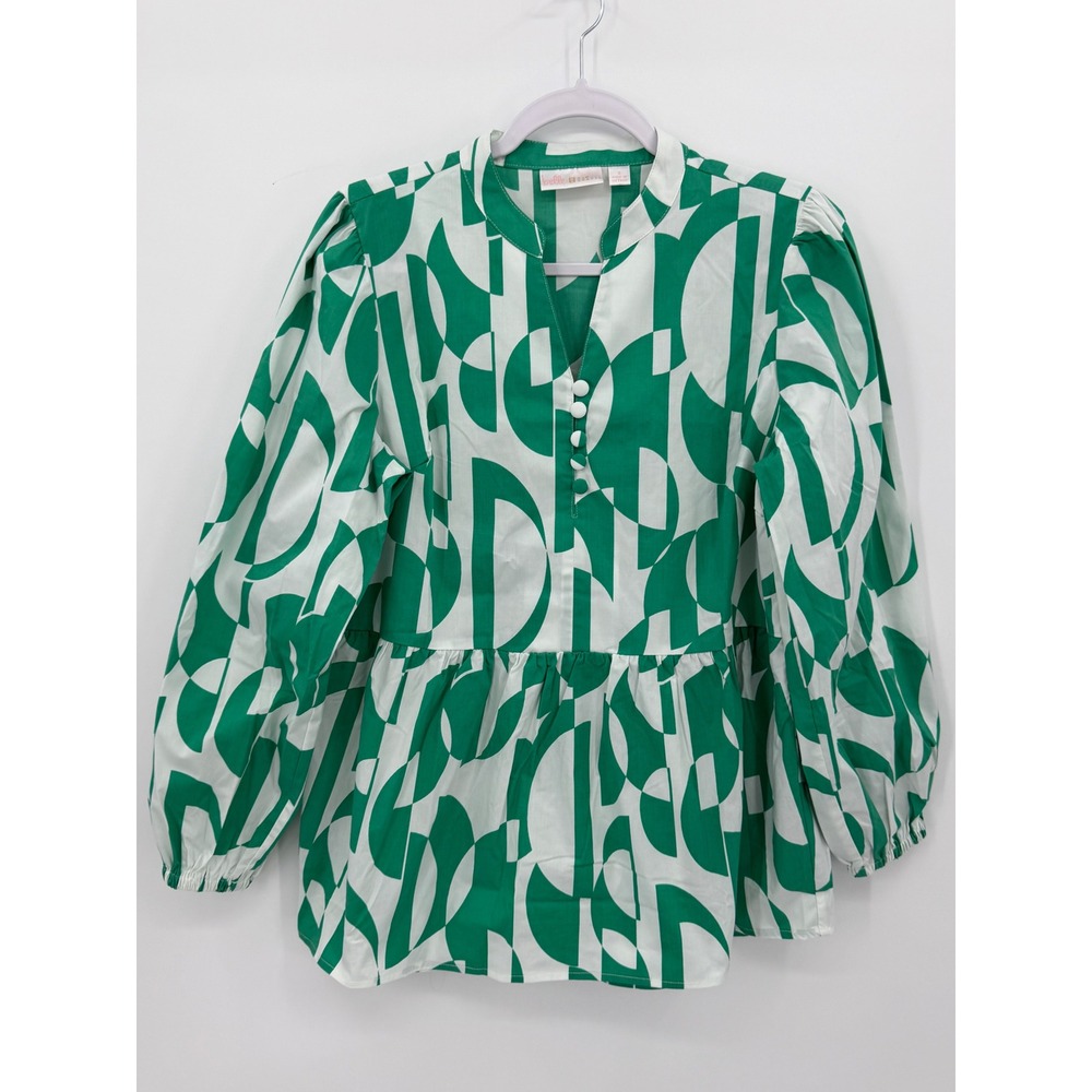 Belle by Kim‎ Gravel Geo Goddess Blouse Womens S Green Peplum Long Sleeve Tunic